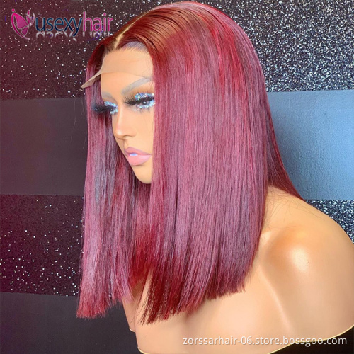 Top quality silk top straight pre plucked hd lace frontal wig new design short human hair bob wigs transparent  99j lace front w